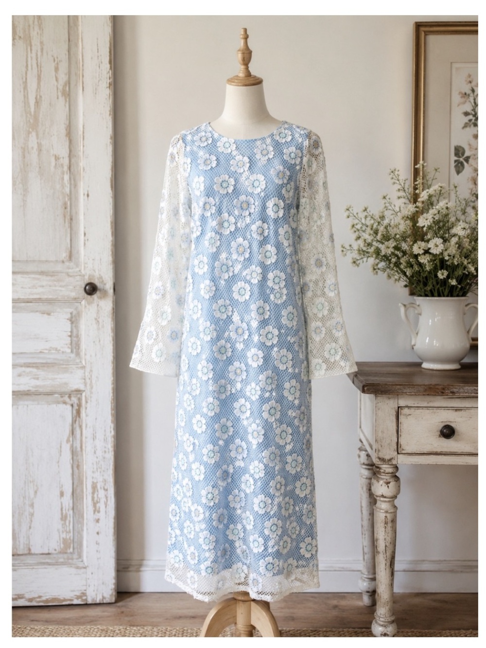 🟠NWT JUST ME Boho Embroidery and Crochet Midi Dress in Light Blue SMALL